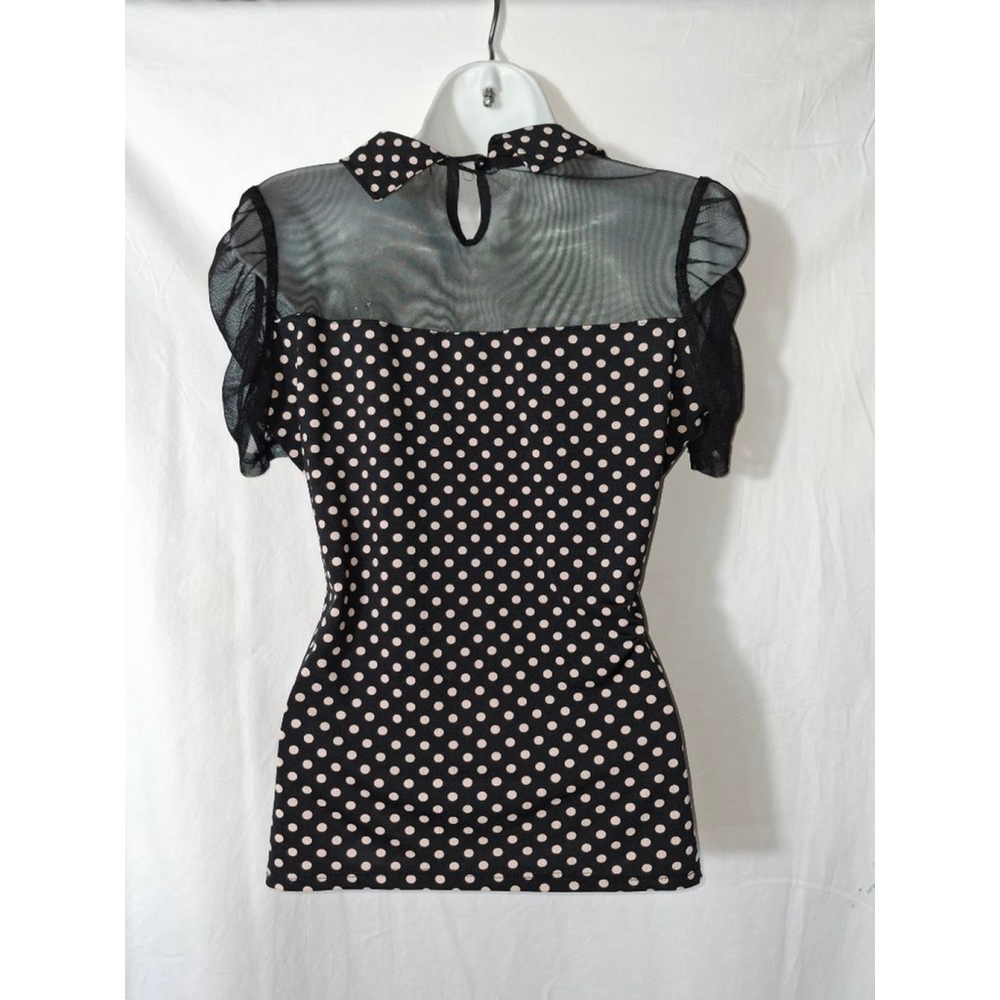 18 Forever 21 womens rockabilly vtg goth Witchy Black & White Polka Dot Blouse L - Picture 2 of 4